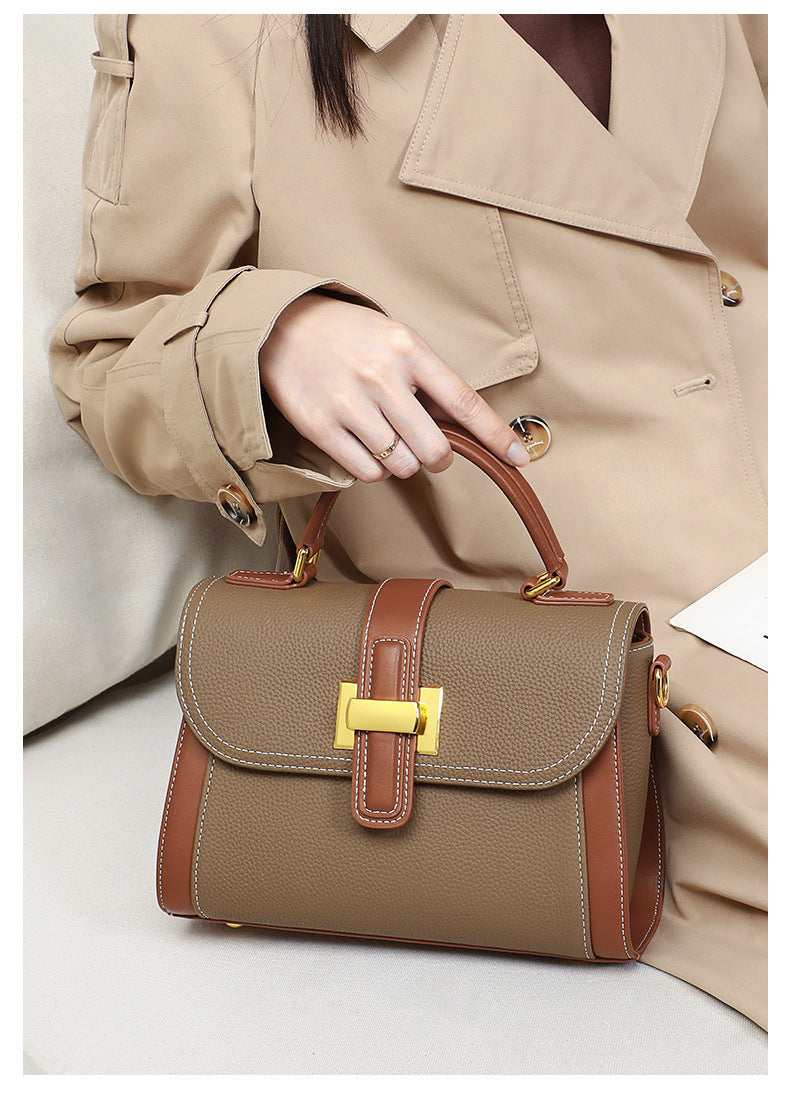 Person holding a brown handbag with a gold clasp against a neutral background
