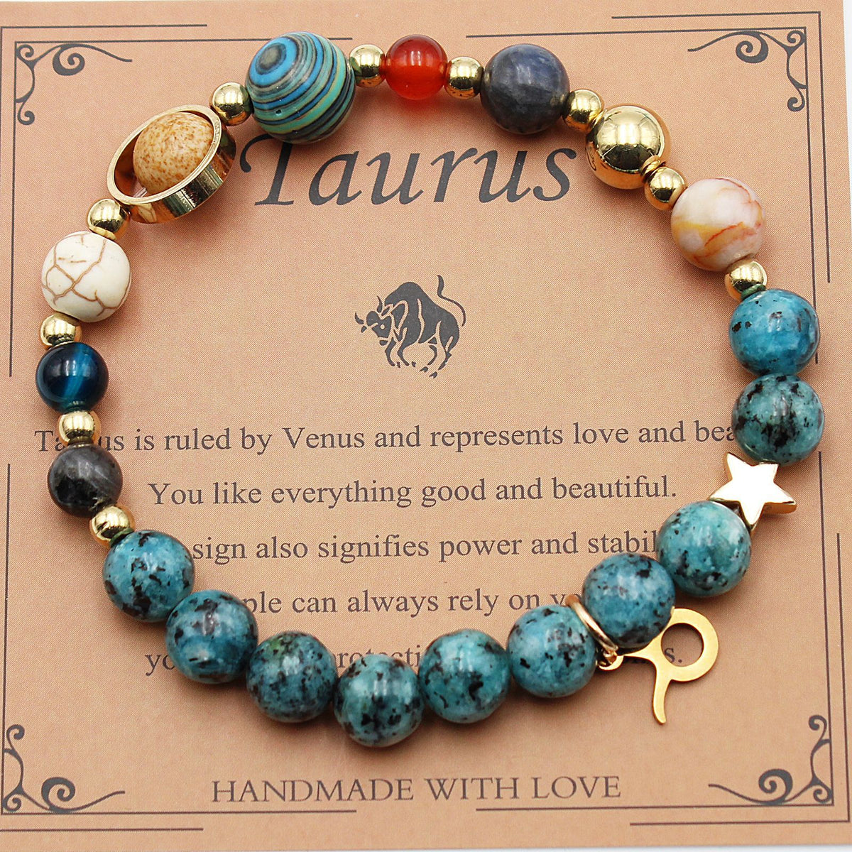 Zodiac bracelet with blue turquoise beads, gold-tone accents, and star and Taurus charm