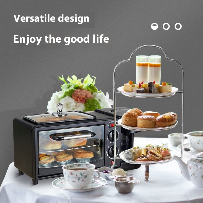 Small oven with a tiered stand displaying pastries and tea set on a table.