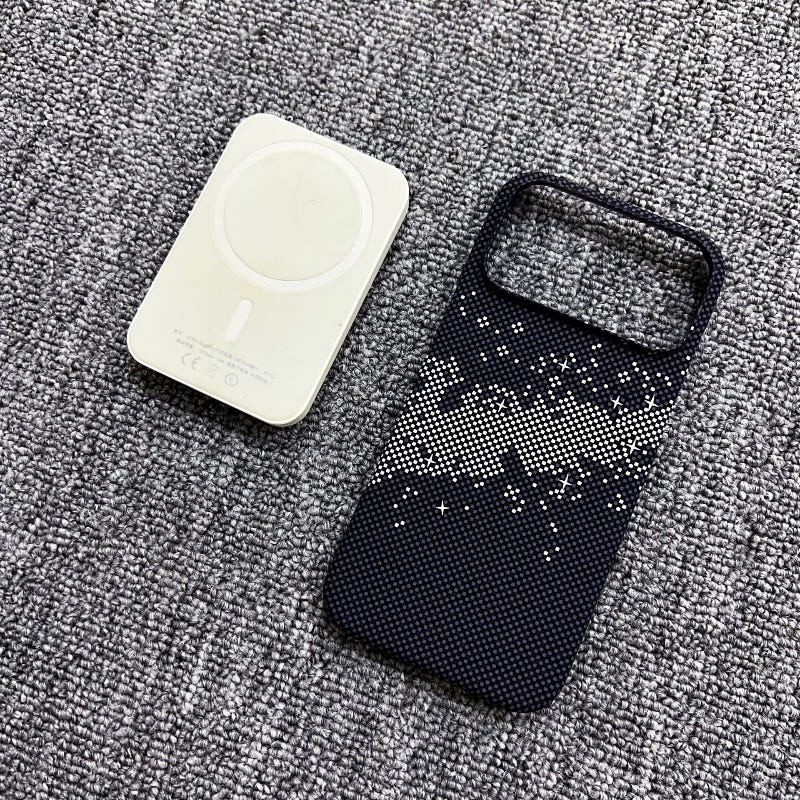 Magnetic iPhone case in dark navy with star pattern and cutout top slot