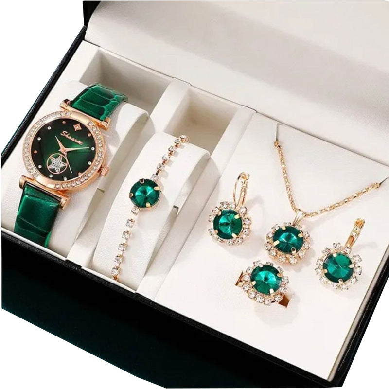 Jewelry set with green watch and earrings in a box