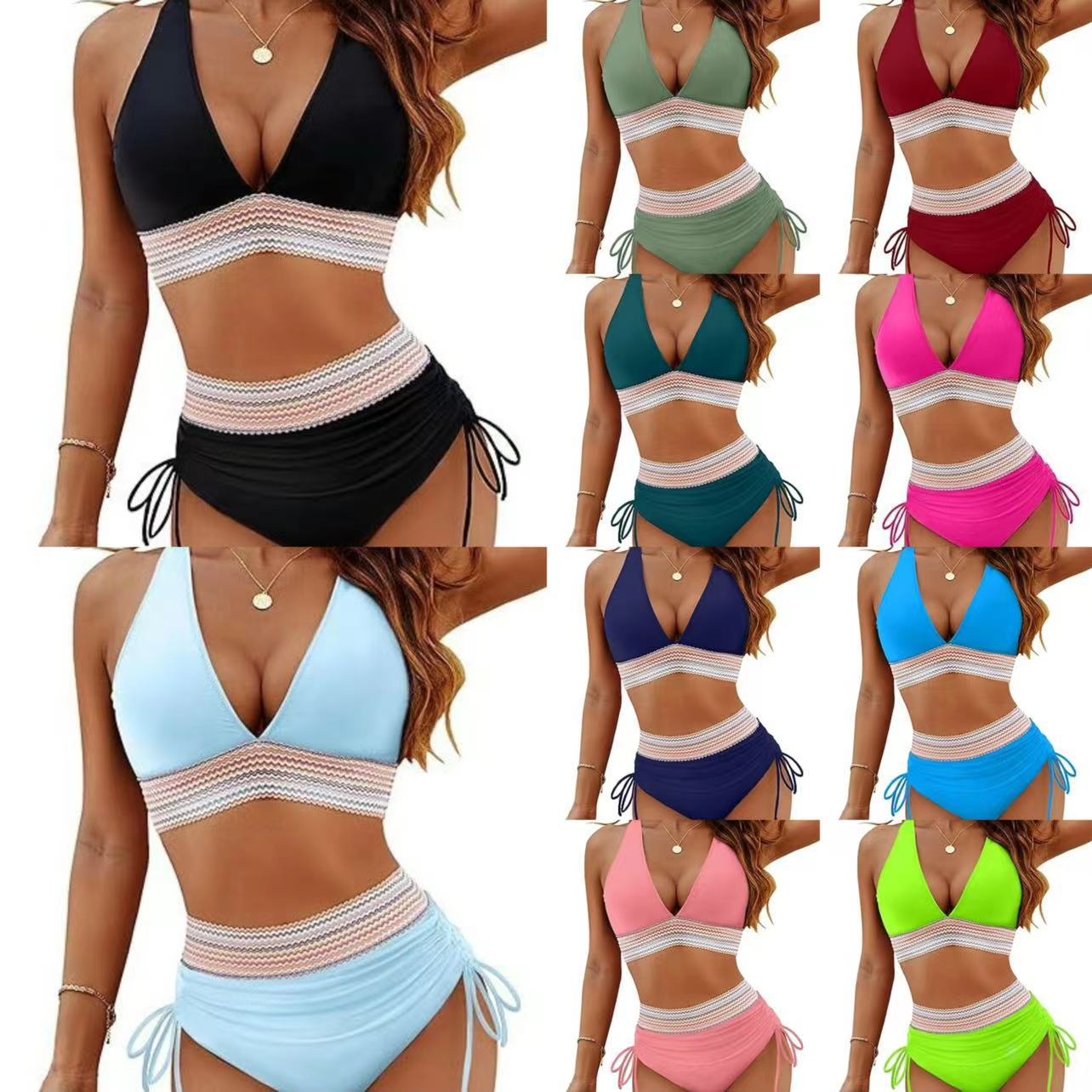 Collage of various two-piece swimsuits in different colors and styles.
