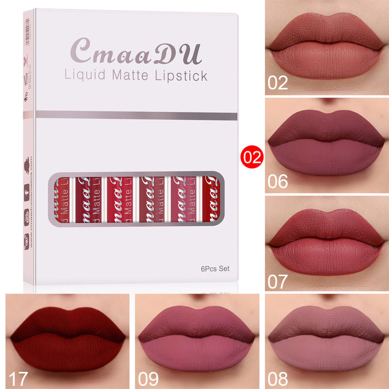 CmaaDu liquid matte lipstick set box with lip shade swatches in nude, berry, mauve