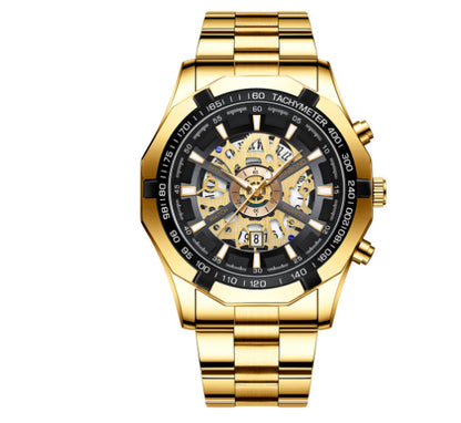 Gold wristwatch with a black face on a white background