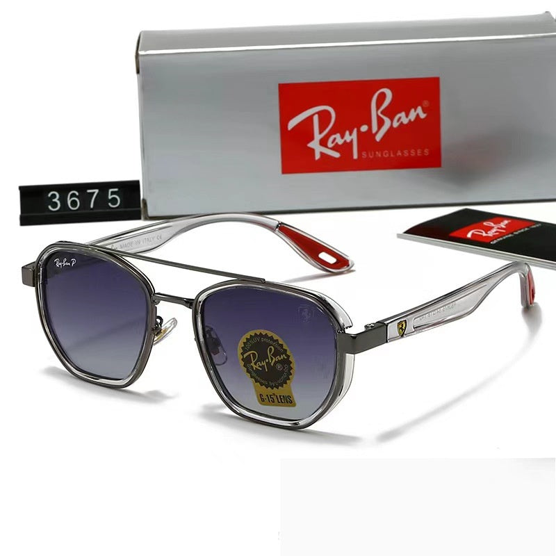 Ray-Ban sunglasses with case and tag on a white background