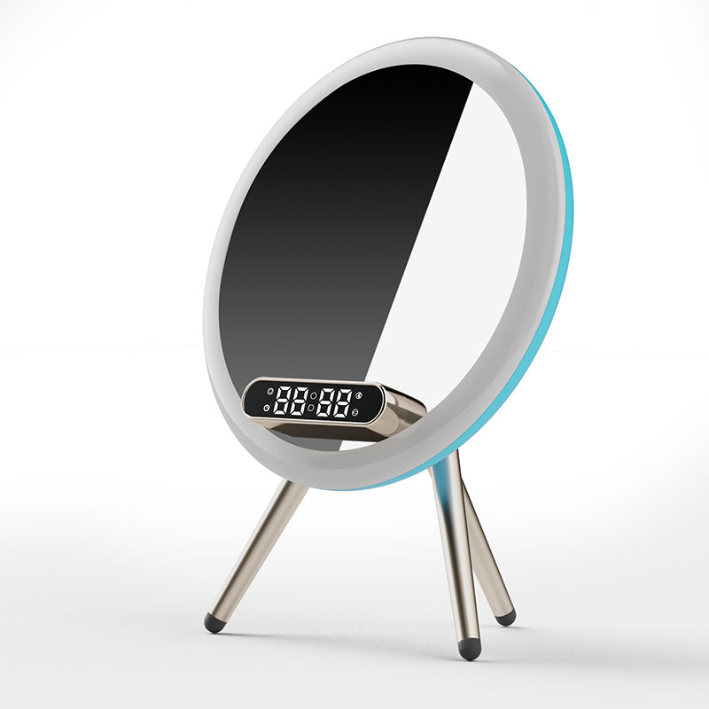 Round mirror with digital clock on a white background