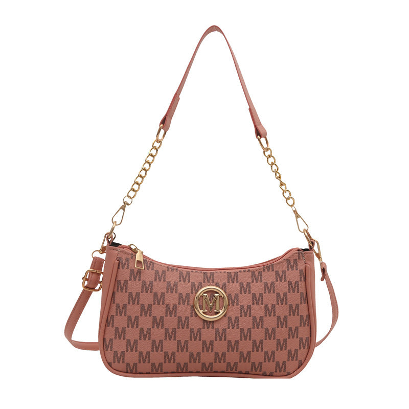 Women’s rust brown monogram shoulder pouch bag with gold chain strap