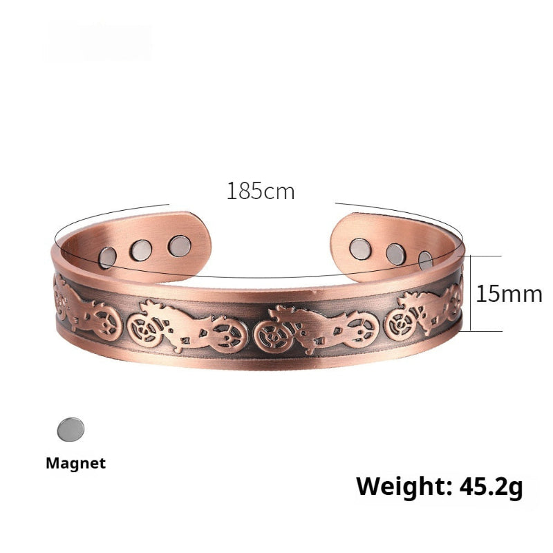 Rose gold bracelet with motorcycle designs, measurements, and weight displayed on a white background.