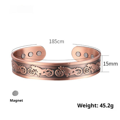 Rose gold bracelet with motorcycle designs, measurements, and weight displayed on a white background.