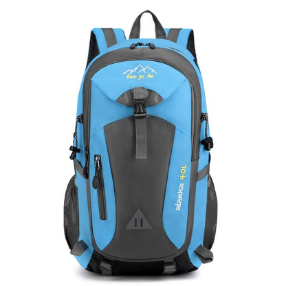 Blue and gray backpack with visible brand logo on a white background