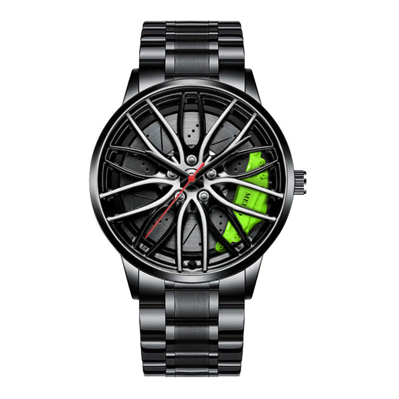 Black watch with green accents on a white background