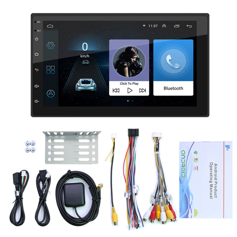 7-inch Android car stereo kit with touchscreen unit, wiring harnesses, and mounting brackets