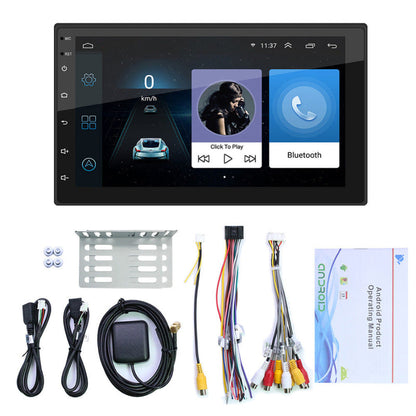 7-inch Android car stereo kit with touchscreen unit, wiring harnesses, and mounting brackets