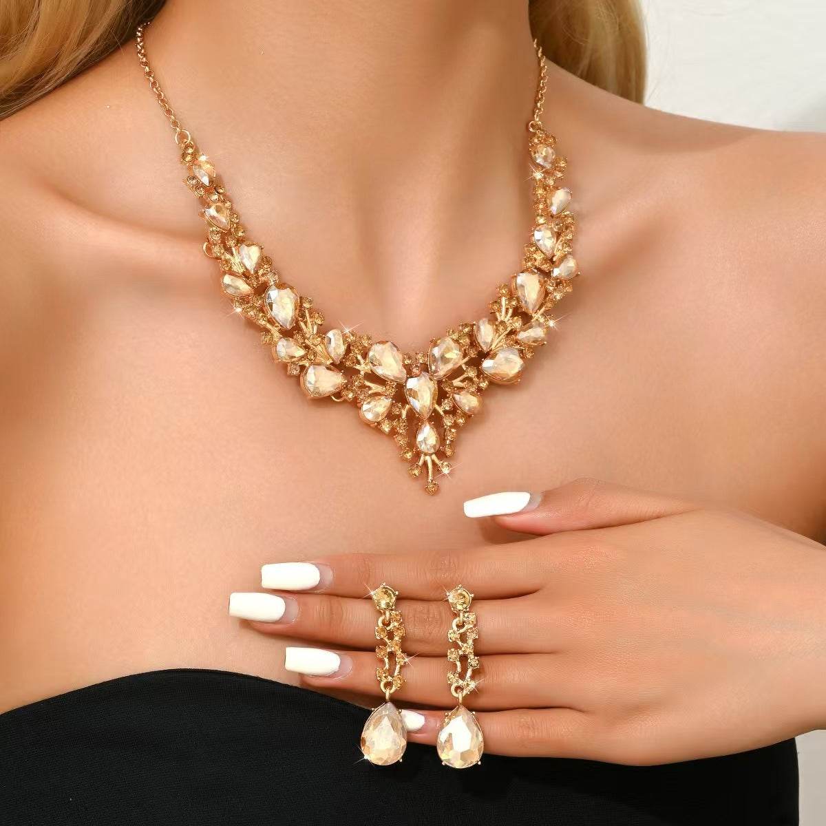 Water Drop Women's Alloy Bridal Necklace Two-piece Earrings Set - YAXSO