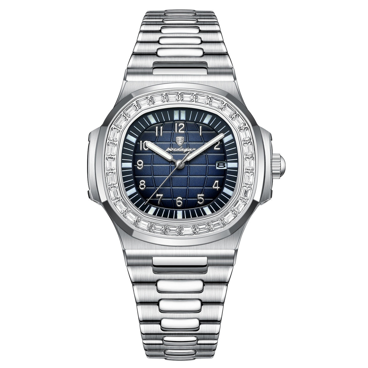 Quartz dress watch, silver bezel, dark blue dial, and stainless steel link bracelet
