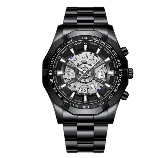 Black wristwatch with detailed face on a white background