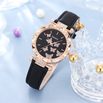 Women’s butterfly quartz watch with black dial and black leather strap