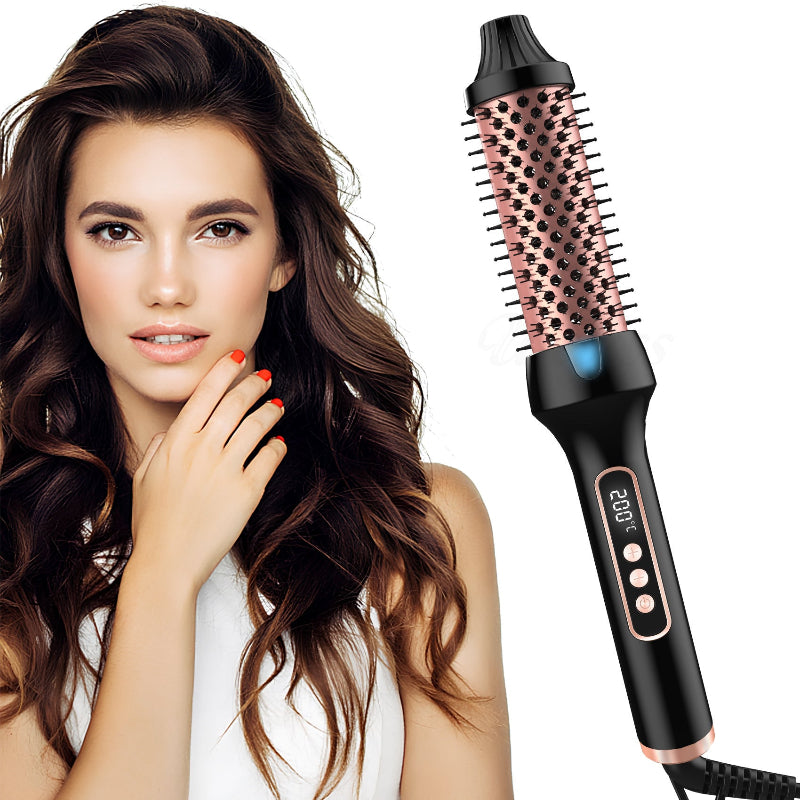 Woman with styled hair next to a hair styling tool on a white background