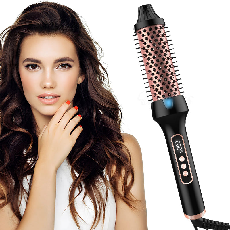 Electric hair curling brush tool, black handle with bristle barrel and blue indicator