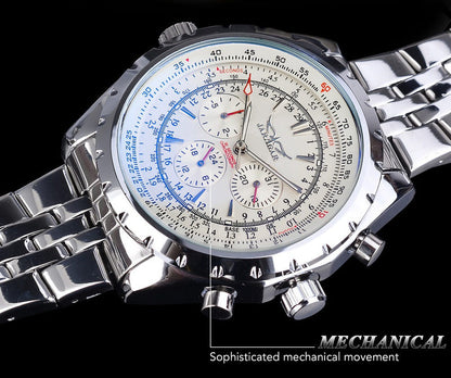 Silver chronograph watch with white dial, blue subdials, metal bracelet and bezel