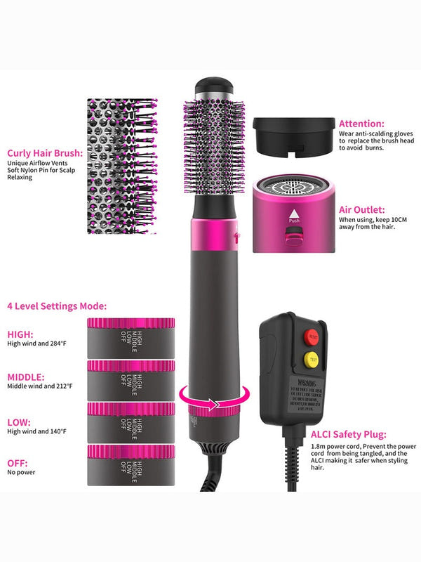 5-in-1 hair dryer brush with air outlet and three heat settings, plus power plug and guide.