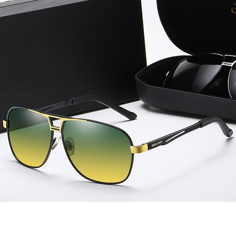 Black gold frame sunglasses with day and night lenses on a white background