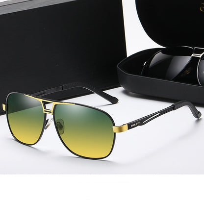 Black gold frame sunglasses with day and night lenses on a white background