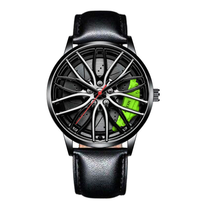 Wristwatch with car wheel design on a white background