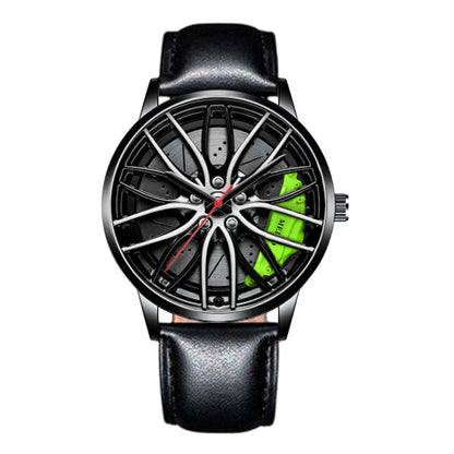 Wristwatch with car wheel design on a white background