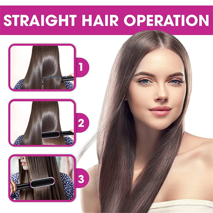 Woman with straight hair and step-by-step guide on how to achieve it.