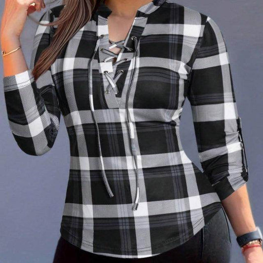 Women's Plaid Notch Neck Criss Cross Tie Short Sleeve T-Shirt - YAXSO