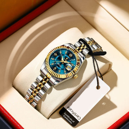 Women's quartz wristwatch with blue dial and two-tone stainless bracelet