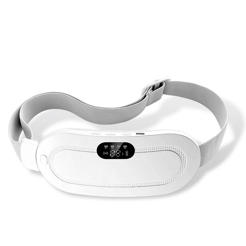 White electric waist massager belt with gray strap and central button control