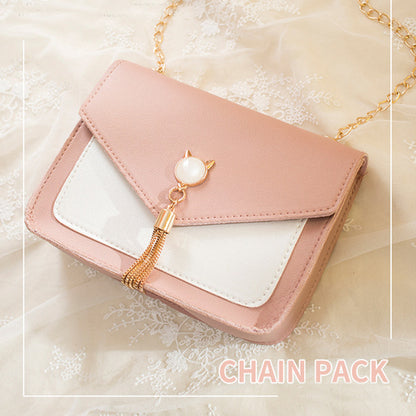 Pink wallet with gold chain and tassel on a light background