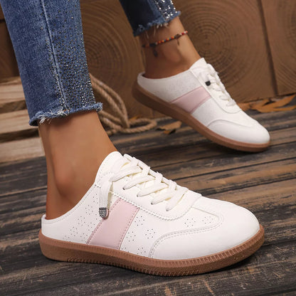 White round-toe sneakers with pink side stripe, lace-up, gum rubber sole
