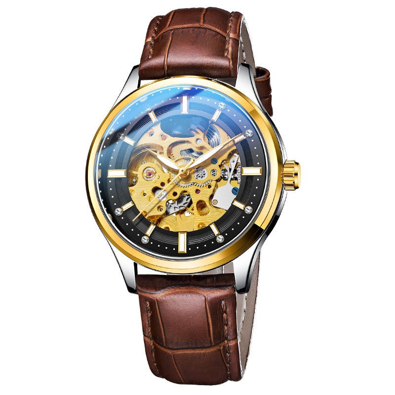 Watch with brown leather strap and gold and black face on white background