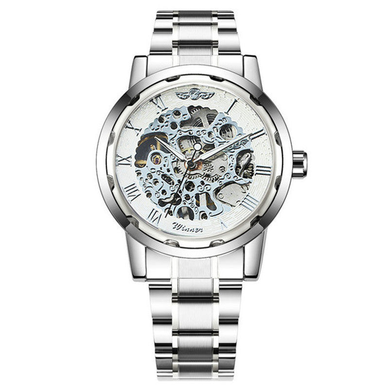 Silver wristwatch with mechanical design on a white background