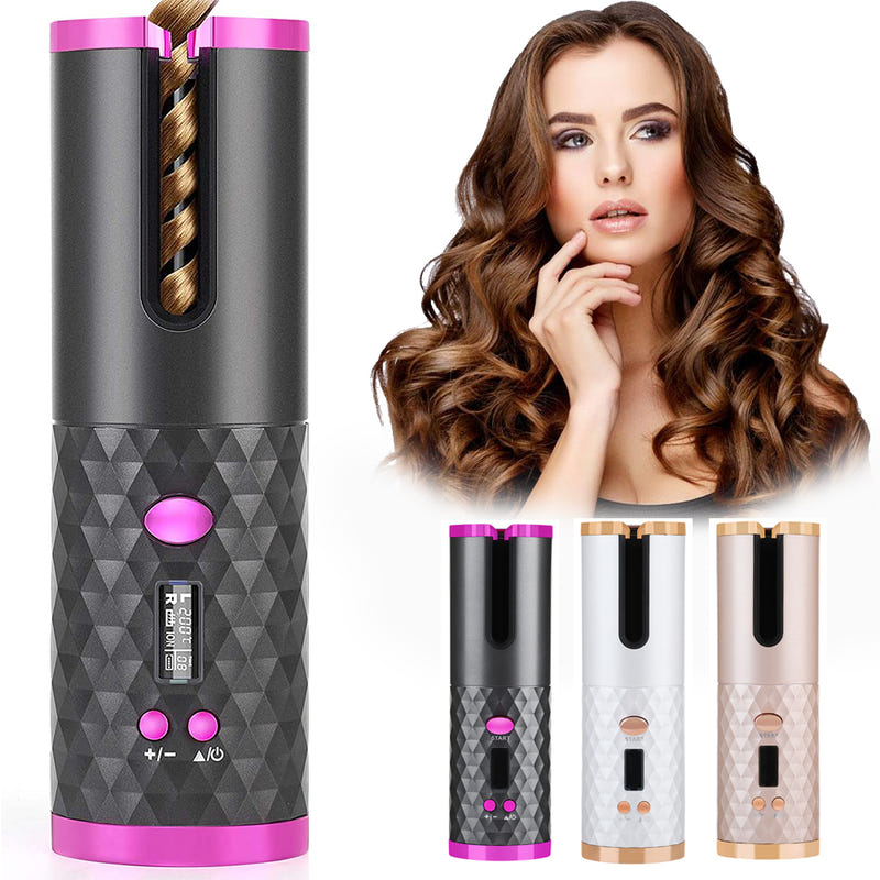 Black and pink automatic hair curler with diamond texture and pink control buttons