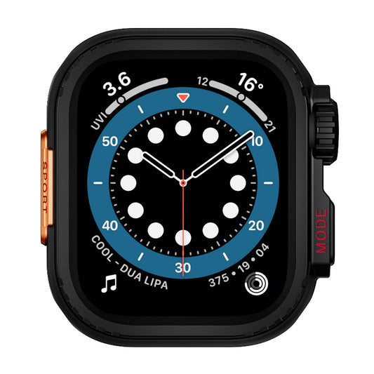 Round smartwatch with black case and blue dial, orange accents on side