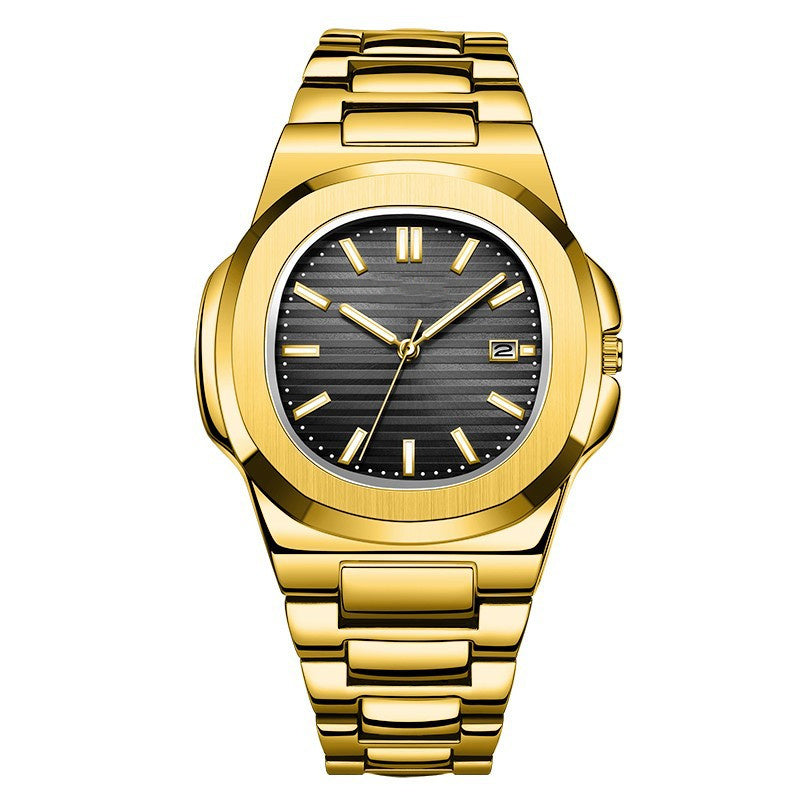 Men's luminous steel watch with black dial, baton markers, and gold link bracelet