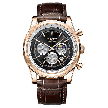 Luxury watch with brown leather strap and rose gold casing on white background