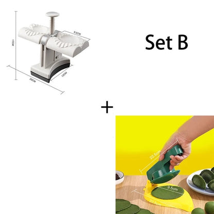 Measurement chart for a kitchen tool set with dimensions and a photo of a hand using the tool.
