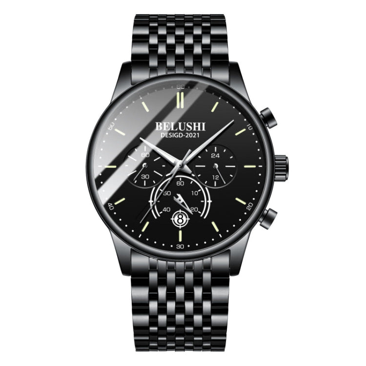 Black wristwatch with detailed face on a white background, featuring the brand 'BELUSHI'.