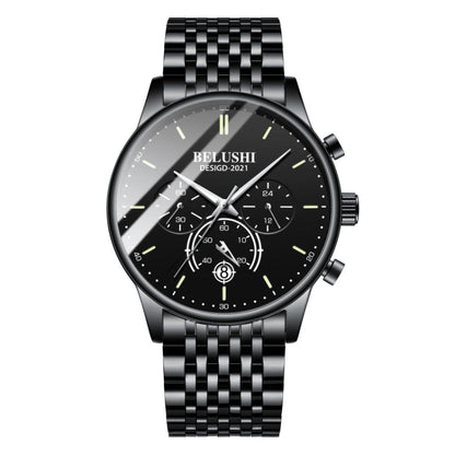 Black wristwatch with detailed face on a white background, featuring the brand 'BELUSHI'.