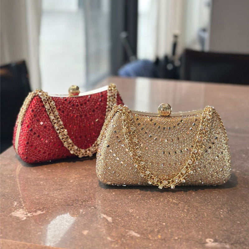 Gold and wine red rhinestone handbags with gold chain handles and round top clasps