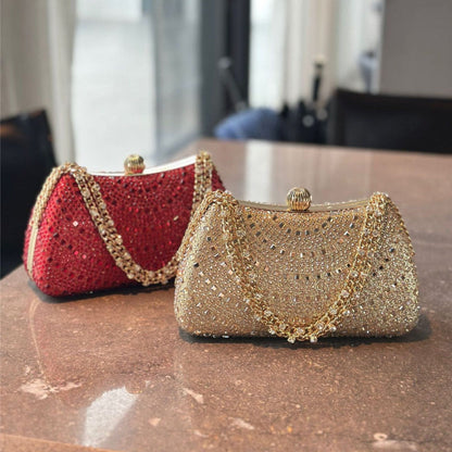 Gold and wine red rhinestone handbags with gold chain handles and round top clasps