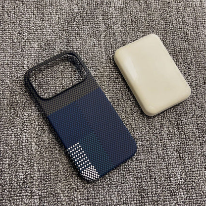 Magnetic iPhone case with blue gradient back and camera cutout, shown with white magnetic plate