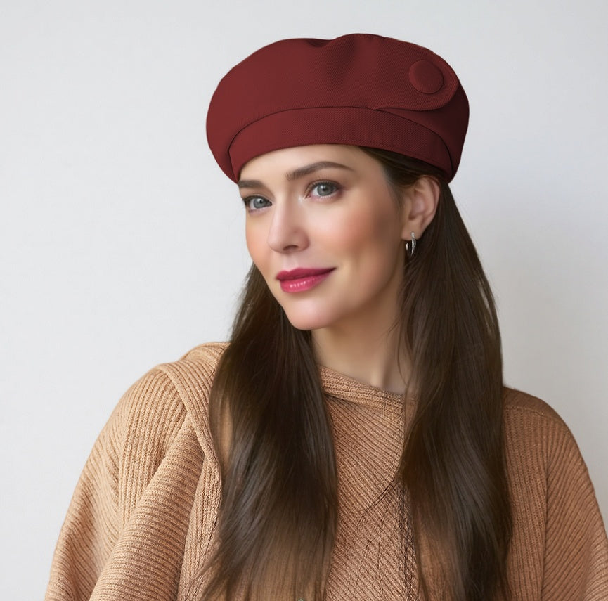 Wine red satin button beret with side button detail and curved brim.