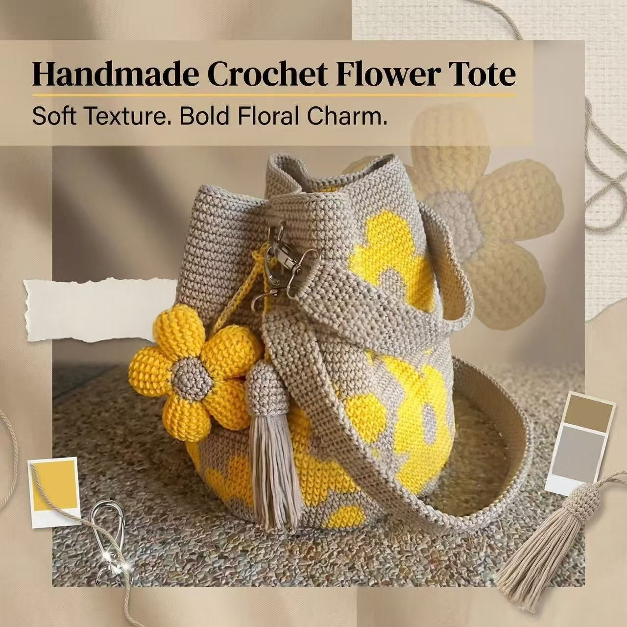 Hand-crocheted flower tote bag with yellow daisy motifs, tassel drawstring top