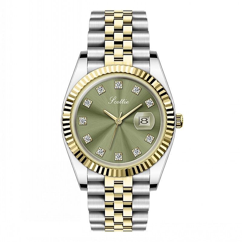 Two-tone watch with silver and gold band and green dial on a white background